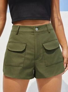 高腰工裝短褲 - 軍綠色 - 查看 1
