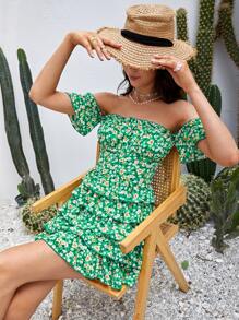 SHEIN Floral Print Off Shoulder Layered Hem Dress - Green - View 3