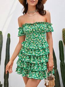 SHEIN Floral Print Off Shoulder Layered Hem Dress - Green - View 2