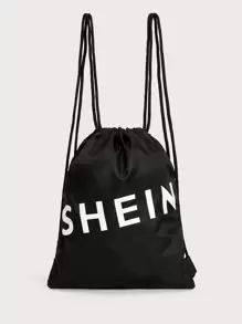 SHEIN 字母圖案束口背包 - 黑色 - 查看 1