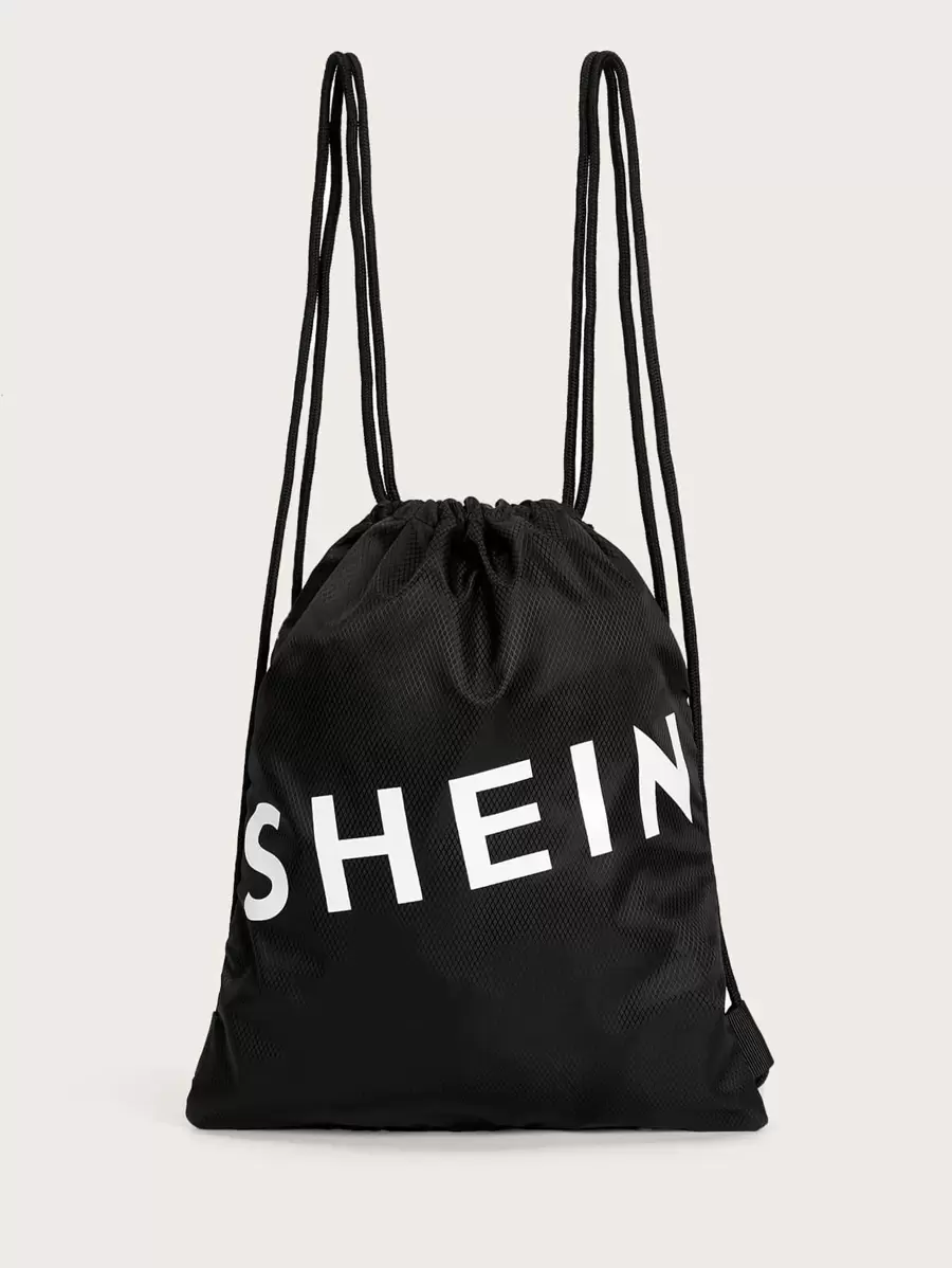 SHEIN 字母圖案束口背包 - 黑色 - 查看 1