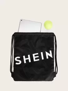 SHEIN 字母圖案束口背包 - 黑色 - 查看 2
