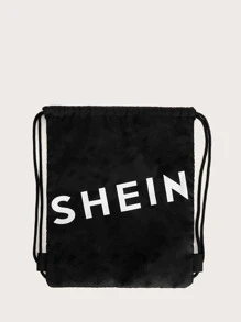 SHEIN 字母圖案束口背包 - 黑色 - 查看 3