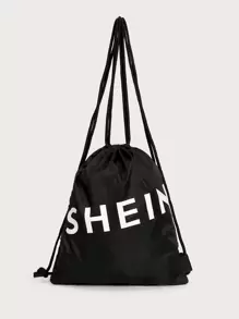SHEIN 字母圖案束口背包 - 黑色 - 查看 4