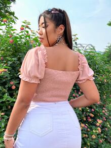 Dreamara 大碼假鈕扣木耳邊雞心領口泡泡袖後背打褶襯衫 - 淺粉色 - 查看 2