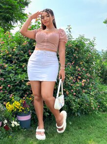 Dreamara 大碼假鈕扣木耳邊雞心領口泡泡袖後背打褶襯衫 - 淺粉色 - 查看 5