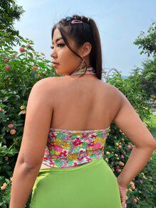 SHEIN ICON Plus Dopamine Dressing Allover Floral Print Top-stitching Halter Top - Multicolor - View 2