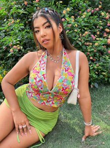 SHEIN ICON Plus Dopamine Dressing Allover Floral Print Top-stitching Halter Top - Multicolor - View 3