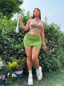 SHEIN ICON Plus Dopamine Dressing Allover Floral Print Top-stitching Halter Top - Multicolor - View 4