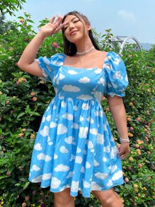 SHEIN VCAY Plus Cloud Print Square Neck Puff Sleeve Dress - Blue and White - View 1