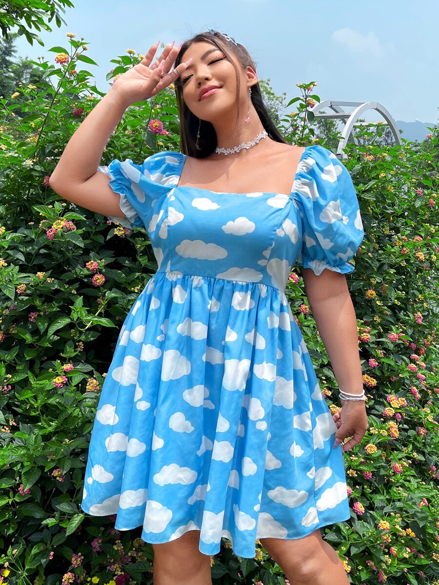 SHEIN VCAY Plus Cloud Print Square Neck Puff Sleeve Dress - Blue and White - View 1