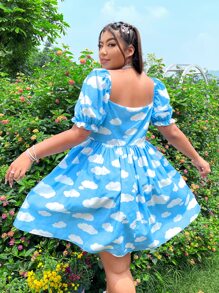 SHEIN VCAY Plus Cloud Print Square Neck Puff Sleeve Dress - Blue and White - View 2