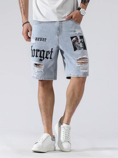 Manfinity EMRG Nam Hình Chữ Đồ Họa Rách Quần Short Denim Baggy Đau Khổ Jorts Xanh Nhạt Đi Chơi Thời Trang Rapper