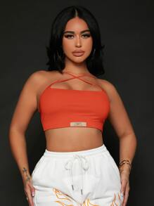 SHEIN SXY Áo hai dây Hội Chữ thập Đắp vá Lá thư Gợi cảm - trái cam - Xem 3