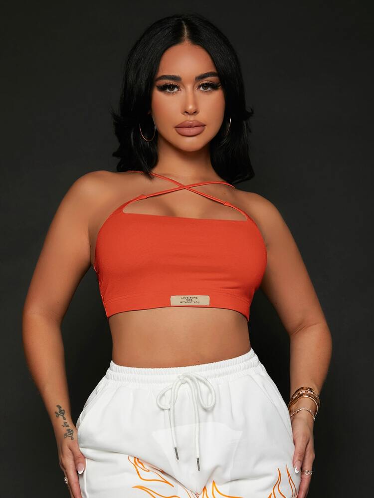 SHEIN SXY Áo hai dây Hội Chữ thập Đắp vá Lá thư Gợi cảm - trái cam - Xem 3