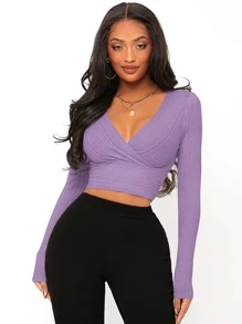 SHEIN SXY Surplice Neck Crop Tee - Violet Purple - View 1