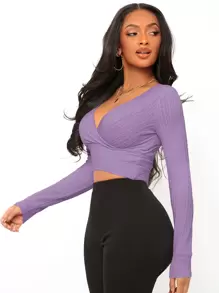 SHEIN SXY Surplice Neck Crop Tee - Violet Purple - View 4