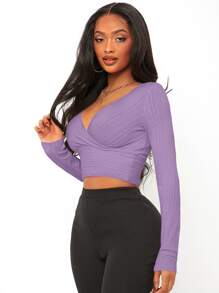 SHEIN SXY Surplice Neck Crop Tee - Violet Purple - View 5