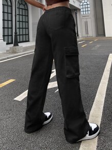 SHEIN ICON Gorpcore Flap Pocket Side Cargo Trousers - Black - View 2