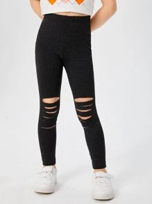 SHEIN Leggings de punto rasgado cómodos y elegantes para niñas jóvenes - Negro - Ver 1
