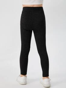 SHEIN Leggings de punto rasgado cómodos y elegantes para niñas jóvenes - Negro - Ver 2