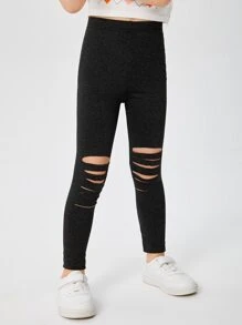 SHEIN Leggings de punto rasgado cómodos y elegantes para niñas jóvenes - Negro - Ver 3