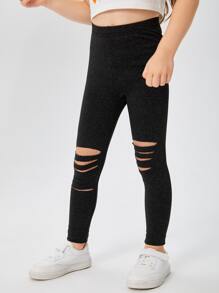 SHEIN Leggings de punto rasgado cómodos y elegantes para niñas jóvenes - Negro - Ver 4