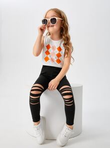 SHEIN Leggings de punto rasgado cómodos y elegantes para niñas jóvenes - Negro - Ver 5