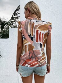 Brush Print Ruffle Trim Notched Neck Blouse - Multicolor - View 2