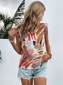 Brush Print Ruffle Trim Notched Neck Blouse - Multicolor - View 3
