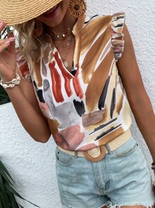 Brush Print Ruffle Trim Notched Neck Blouse - Multicolor - View 4