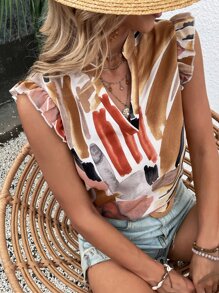 Brush Print Ruffle Trim Notched Neck Blouse - Multicolor - View 7