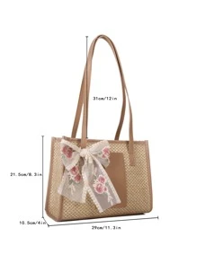 Floral Embroidered Bow Decor Straw Bag - Khaki - View 3