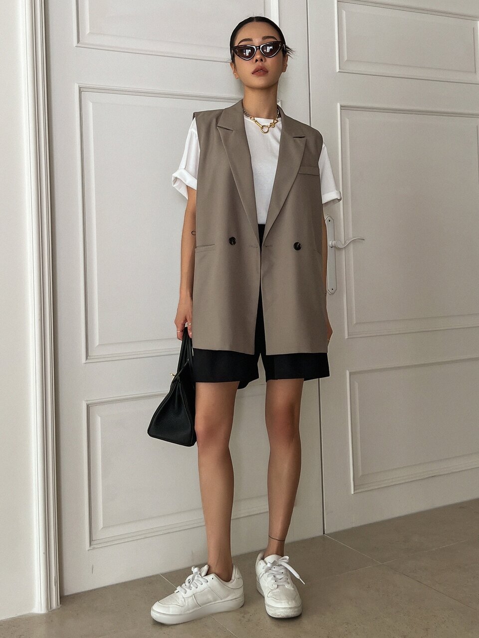 Women's Solid Color Lapel Double-Breasted Casual Sleeveless Business Blazer,Fall Clothes
