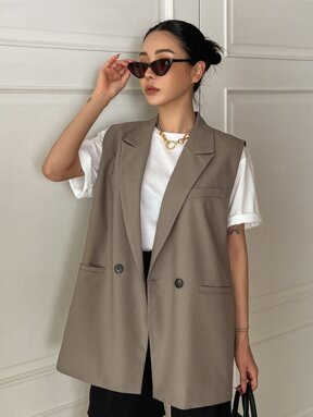 DAZY Dames effenkleurige revers dubbelrijs casual mouwloos zakelijk blazer, herfstkleding