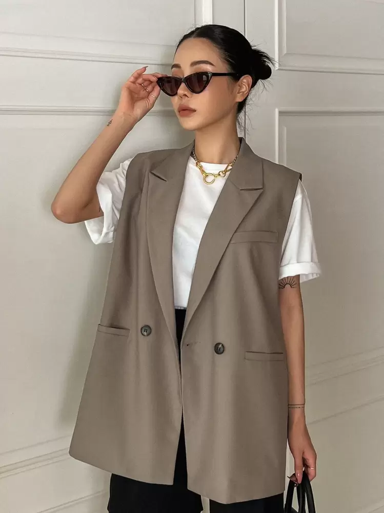 DAZY Blazer décontracté sans manches à double boutonnage et col cranté pour femmes, couleur unie. Vêtements d'automne