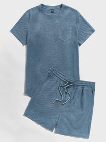 Manfinity VCAY 男士口袋貼布T恤和腰部抽繩短褲 - 霧霾藍 - 查看 1