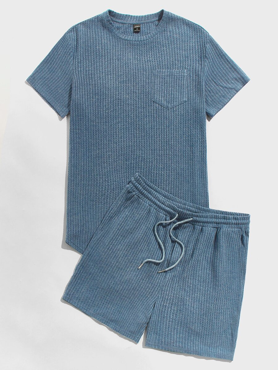 Manfinity VCAY 男士口袋貼布T恤和腰部抽繩短褲 - 霧霾藍 - 查看 1