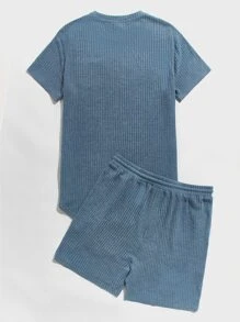 Manfinity VCAY 男士口袋貼布T恤和腰部抽繩短褲 - 霧霾藍 - 查看 2