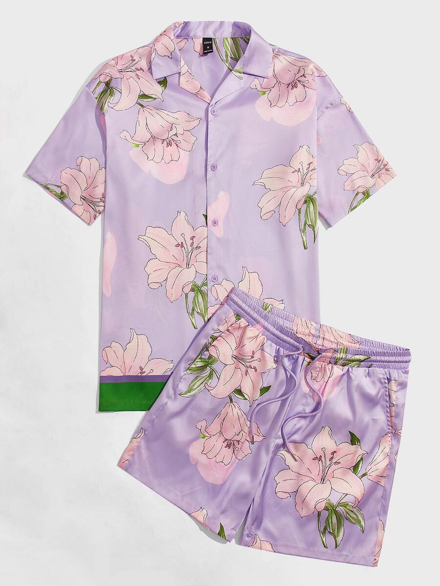 Manfinity Men Floral Print Contrast Trim Shirt & Drawstring Waist Shorts - Multicolor - View 1