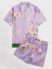 Manfinity Men Floral Print Contrast Trim Shirt & Drawstring Waist Shorts - Multicolor - View 2