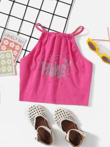 SHEIN Niñas Top halter con diamante de imitación con patrón de letra - Rosa Fucsia - Ver 1