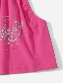 SHEIN Niñas Top halter con diamante de imitación con patrón de letra - Rosa Fucsia - Ver 3