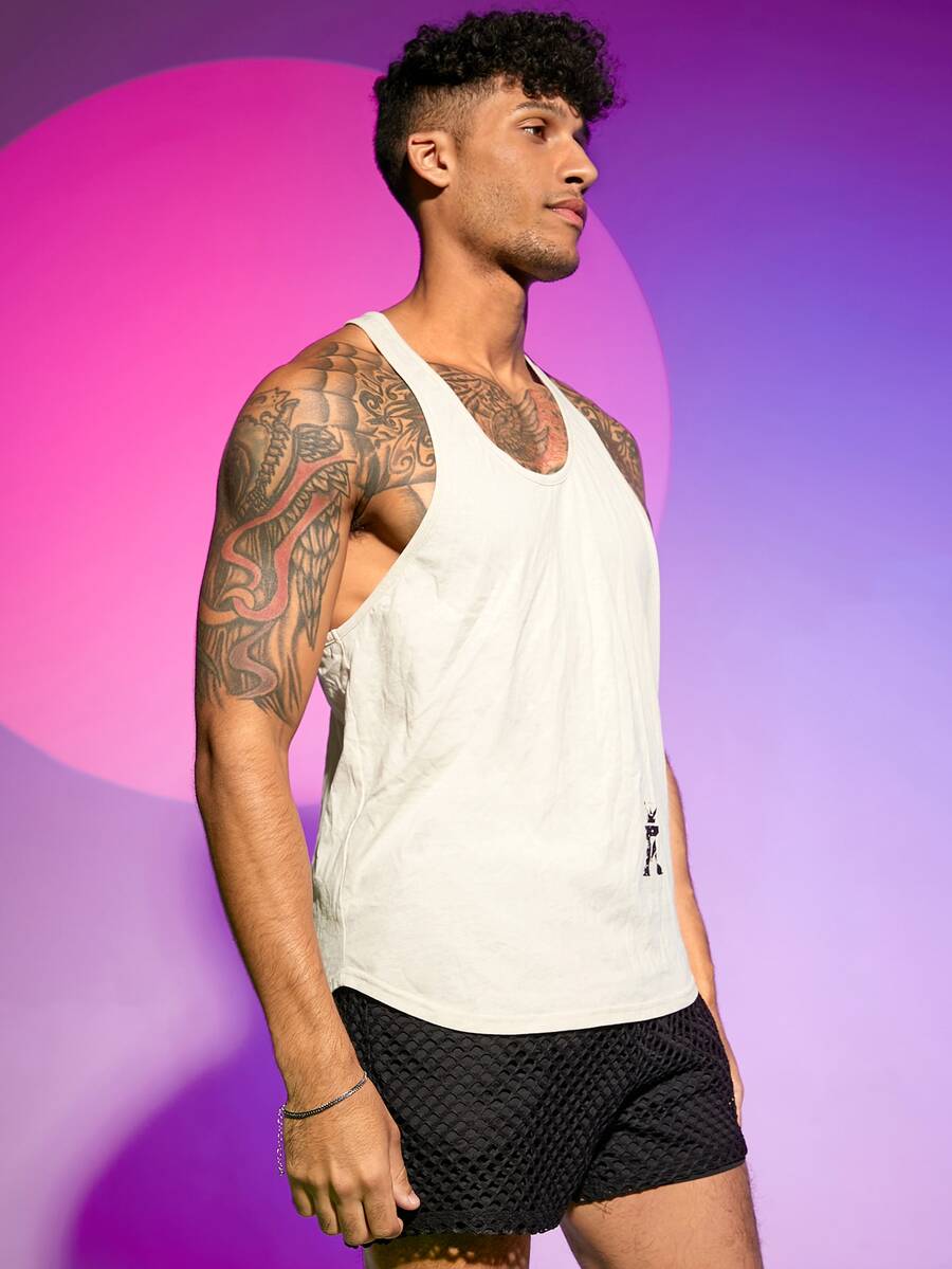 Manfinity Hombres Top tank con estampado de corona y letra de espalda nadador - Beis - Ver 1