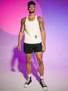 Manfinity Hombres Top tank con estampado de corona y letra de espalda nadador - Beis - Ver 3