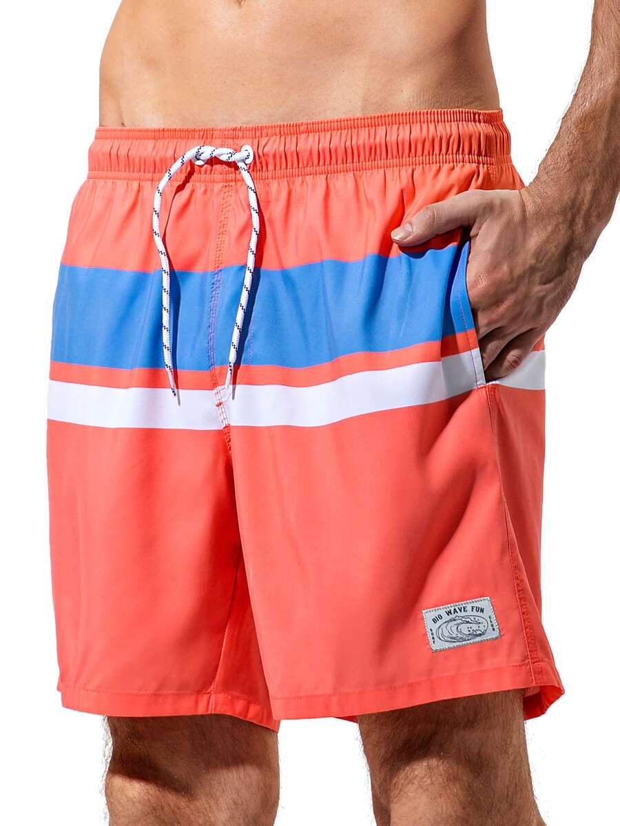 Manfinity Men Colorblock Letter Patched Drawstring Waist Swim Trunks - Coral Pink - View 1
