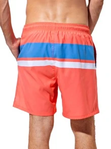 Manfinity Men Colorblock Letter Patched Drawstring Waist Swim Trunks - Coral Pink - View 2