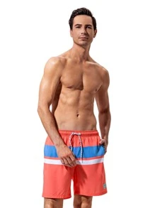 Manfinity Men Colorblock Letter Patched Drawstring Waist Swim Trunks - Coral Pink - View 3