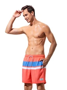 Manfinity Men Colorblock Letter Patched Drawstring Waist Swim Trunks - Coral Pink - View 4