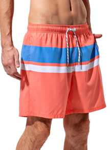 Manfinity Men Colorblock Letter Patched Drawstring Waist Swim Trunks - Coral Pink - View 5